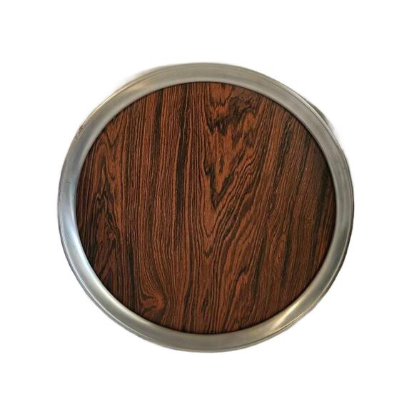 Vintage Formica Woodgrain Cocktail Tray 1960s, 16" Diameter, Pewter Tray - Picture 7 of 10